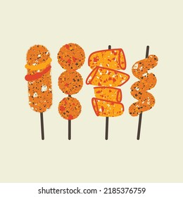 Korean street food. Сorn dog, hot dog, rice cake tteokbokki, oden. Vector stylish illustration, postcard, print, design