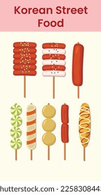 Korean street food icon illustration with Sticky rice cake, meat ball, and sausage