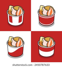 Ilustración de comida callejera coreana, oden en tazón de papel rojo y blanco, con chikuwa, satsumaage, bola de masa hervida de queso y siomay enrollado en el interior, ilustración del logotipo del Vector