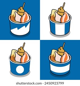 Ilustración de comida callejera coreana, oden en tazón de papel azul y blanco, con chikuwa, pastel de pescado, bola de masa hervida de queso y siomay enrollado en el interior, ilustración del logotipo del Vector