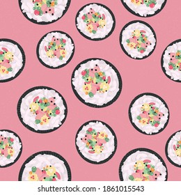 Korean street food. Kimbap, also known as gimbap. Seamless pattern. Vector illustration