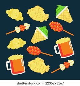 Korean street food. Pattern of corn hot dogs, buns, ice cream and beer