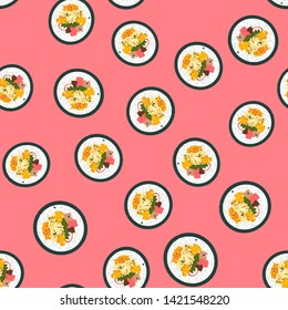Korean street food seamless pattern with kimbap. Graphic design for background, card, banner, poster, cover, invitation, fabric, header, brochure or menu.