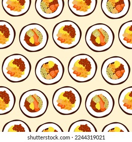 Korean street food seamless pattern. Gimbap rice rolls with different fillings. Asian traditional snacks. Cute doodle background. Vector illustration.