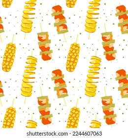 Korean street food seamless pattern. Gamja hotdog corndog, ddakkochi chicken skewers, tornado potato hweori gamja. Asian snacks on sticks. Vector illustration.