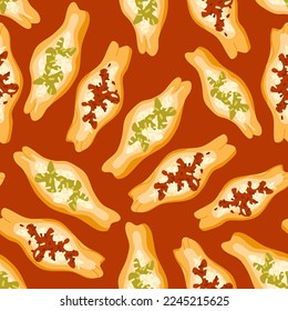 Korean street food seamless pattern. Tofu rice rolls yubuchobap with different fillings. Asian traditional snacks. Cute doodle background. Vector illustration.