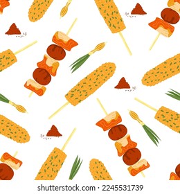 Korean street food seamless pattern. Chicken skewers ddakkochi and spicy corn ogsusu, green onion, chili pepper. Asian snacks on sticks. Cute doodle background. Vector illustration.