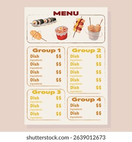 Korean street food and snack menu template. Watercolor elements: kimbap, skewers, rice cakes, fish cakes, corn dog, sausages. Food illustration for restaurant and food stalls. Asian cuisine. 