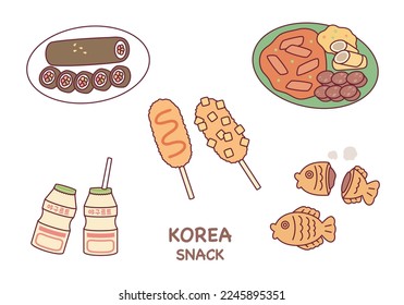 Korean street food. Sundae, tteokbokki, hot dog, taiyaki, and yogurt.