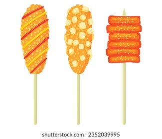 Korean street food. Tteokbokkt, corn dog. Korean fast food. Vector illustration. 