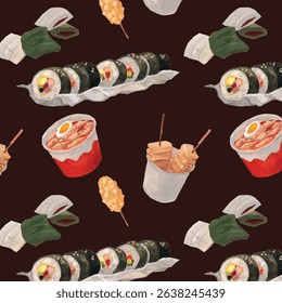 Korean street food watercolor pattern. Tteokbokki (spicy rice cakes), Korean corn dog, kimbap (seaweed rice rolls),  odeng (fish cakes) painting elements over a dark background. Asian cuisine food. 