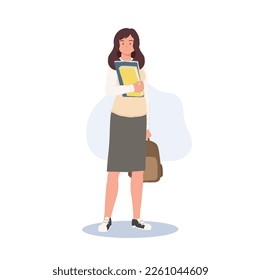 Carácter estudiantil coreano. Largo de toda la vida de una estudiante con uniformes escolares que lleva un libro y una bolsa. Concepto de aprendizaje y educación.
