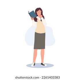 Korean student character. Full length of female student in school uniforms holding a book and thinking something. Learning Education concept.