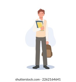 Carácter estudiantil coreano. Largo y largo de un estudiante de sexo masculino con uniformes escolares llevando libro y bolso. Concepto de aprendizaje y educación.