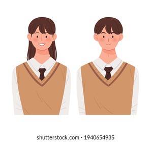 Korean student character vector illustration. Male and female students are wearing school uniforms.