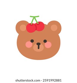 Korean Style Bear Cartoon with Cherry Hat Vector Illustration