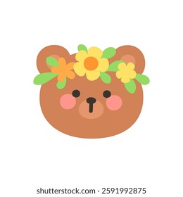 Korean Style Bear Cartoon with Flower Crown Vector Illustration