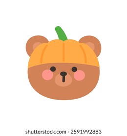 Korean Style Bear Cartoon with Pumpkin Hat Vector Illustration