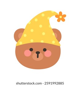 Korean Style Bear Cartoon with Yellow Gnome Hat Vector Illustration