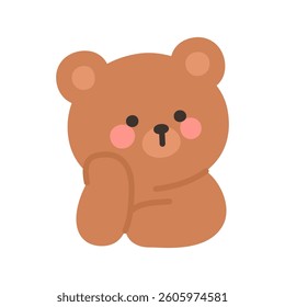 Korean Style Bear Emoji with Hand on Cheek Thinking Pose Vector Illustration