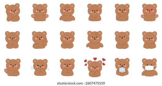 Korean Style Bear Emoji Set with Various Cute Expressions and Gestures Vector Illustration
