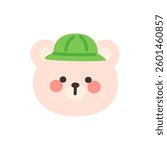 Korean Style Bear Head Cartoon with Green Pith Helmet Vector Illustration