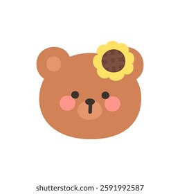 Korean Style Bear Head Cartoon with Sunflower Hairpin Vector Illustration