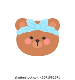 Korean Style Bear Head Cartoon with Blue Fabric Bow Vector Illustration