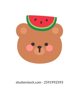 Korean Style Bear Head Cartoon with Watermelon Hat Vector Illustration