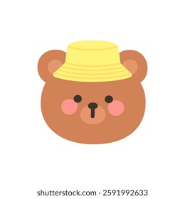 Korean Style Bear Head Cartoon with Yellow Straw Bucket Hat Vector Illustration