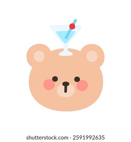 Korean Style Bear Head Cartoon with Cocktail Glass Hat Vector Illustration