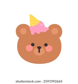 Korean Style Bear Head Cartoon with Ice Cream Cone Hat Vector Illustration
