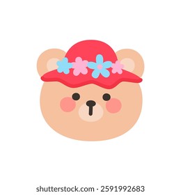 Korean Style Bear Head Cartoon with Red Floral Sun Hat Vector Illustration