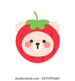 Korean Style Bear Head Cartoon with Red Strawberry Hood Vector Illustration