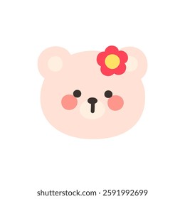 Korean Style Bear Head Cartoon with Red Flower and Yellow Stamen Hair Pin Vector Illustration