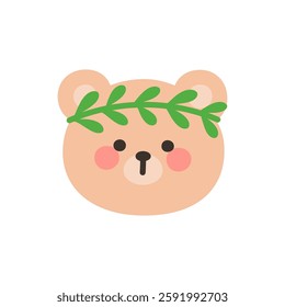 Korean Style Bear Head Cartoon with Green Laurel Crown Vector Illustration