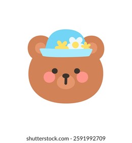 Korean Style Bear Head Cartoon with Blue Hat and White Flowers Vector Illustration