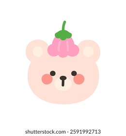 Korean Style Bear Head Cartoon with Pink Bellflower Hat Vector Illustration