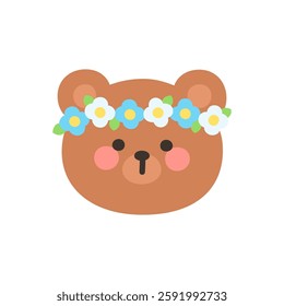 Korean Style Bear Head Cartoon with Blue and White Flower Crown Vector Illustration