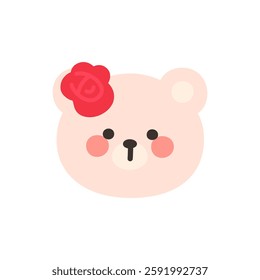 Korean Style Bear Head Cartoon with Red Rose Hair Pin Vector Illustration