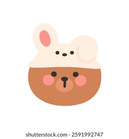 Korean Style Bear Head Cartoon with Bunny Ear Hat Vector Illustration