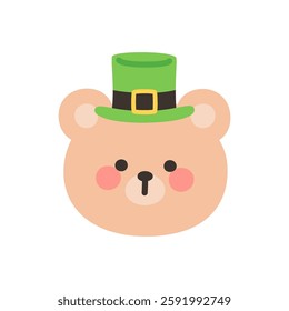 Korean Style Bear Head Cartoon with Green St. Patrick’s Hat Vector Illustration