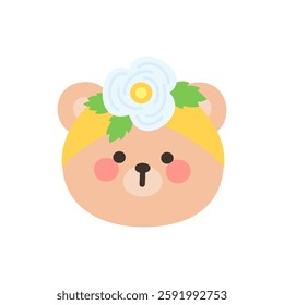 Korean Style Bear Head Cartoon with White Rose Floral Hat Vector Illustration