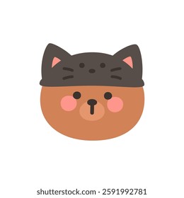 Korean Style Bear Head Cartoon with Black Cat Ears Hat Vector Illustration