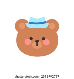 Korean Style Bear Head Cartoon with Blue Fedora Hat Vector Illustration