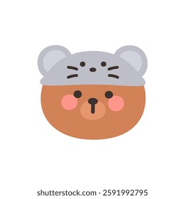 Korean Style Bear Head Cartoon with Gray Mouse Hat Vector Illustration