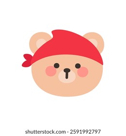 Korean Style Bear Head Cartoon with Red Pirate Bandana Vector Illustration