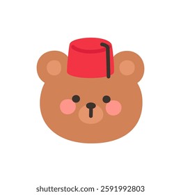 Korean Style Bear Head Cartoon with Red Fez Hat Vector Illustration