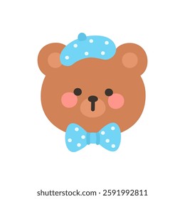 Korean Style Bear Head Cartoon with Blue Polka Dot Beret Hat and Bow Tie Vector Illustration