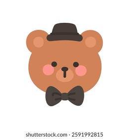 Korean Style Bear Head Cartoon with Black Bowler Hat and Black Bow Tie Vector Illustration